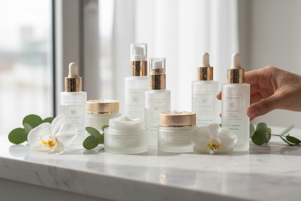 Skincare creams and bottles on a light surface