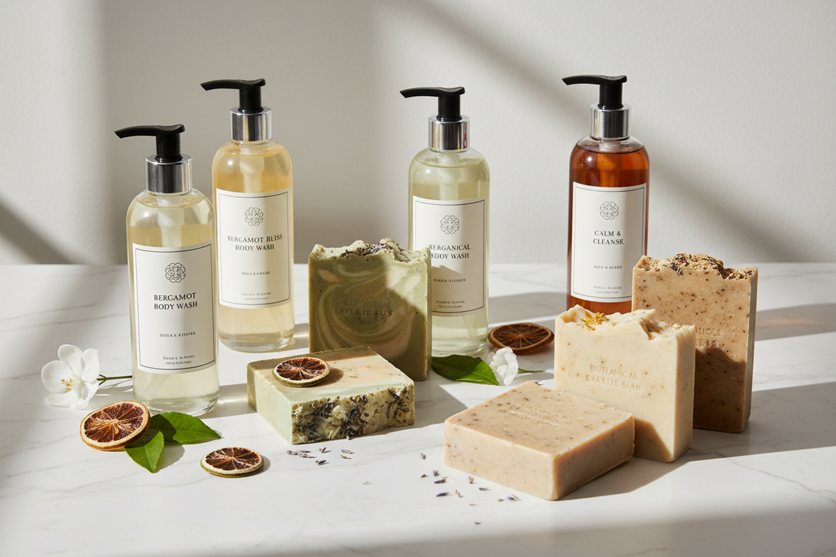 Body wash bottles and soap bars arranged on a light surface