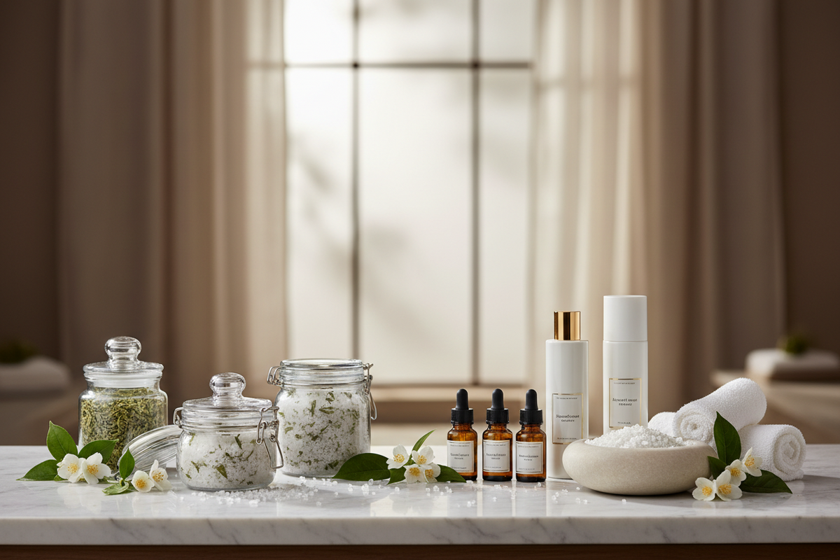 Bath and body products beside towels and greenery