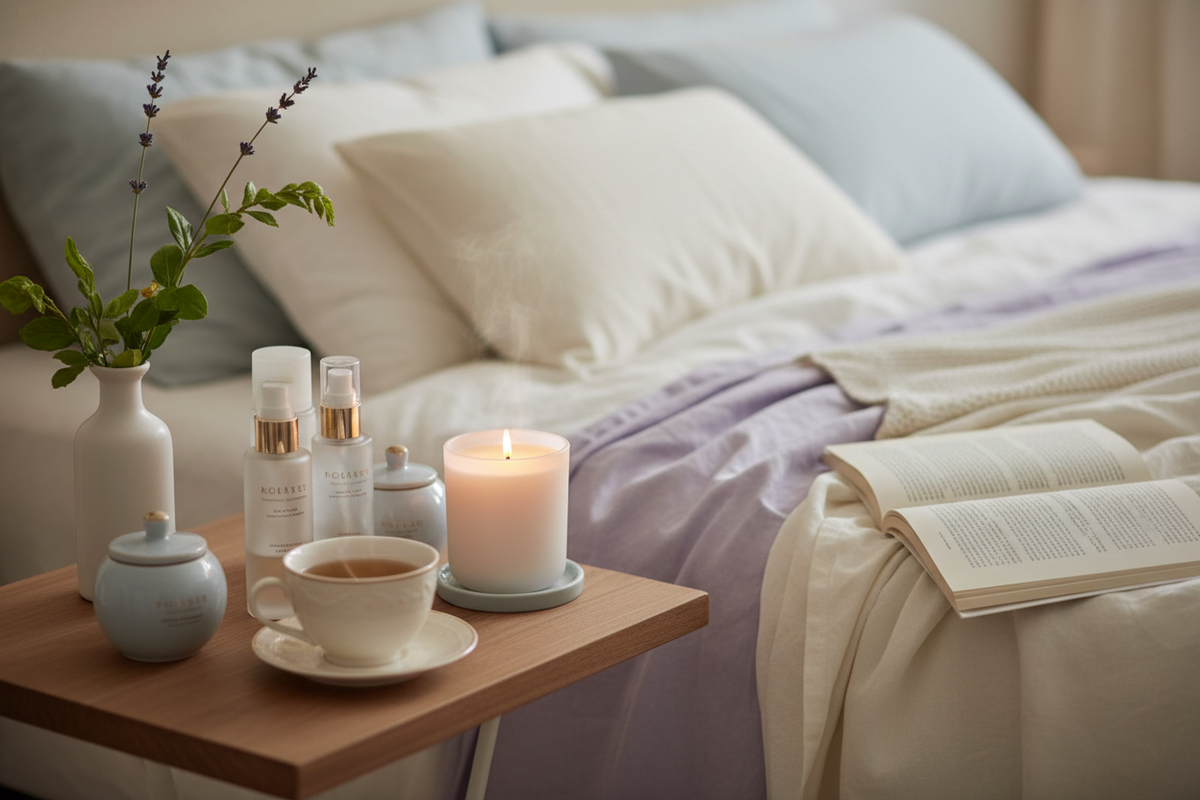 Bedside arrangement with mug, candle and pillows
