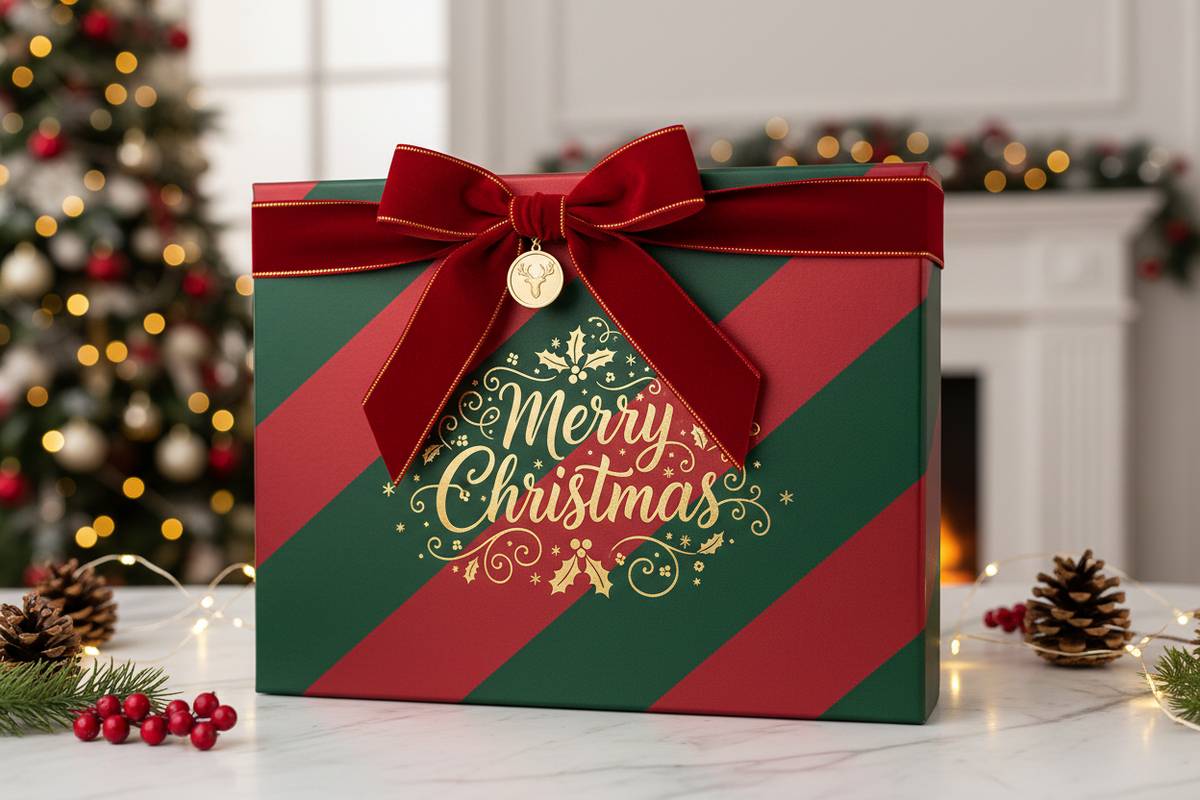 Red and green Christmas gift bag beside a Christmas tree