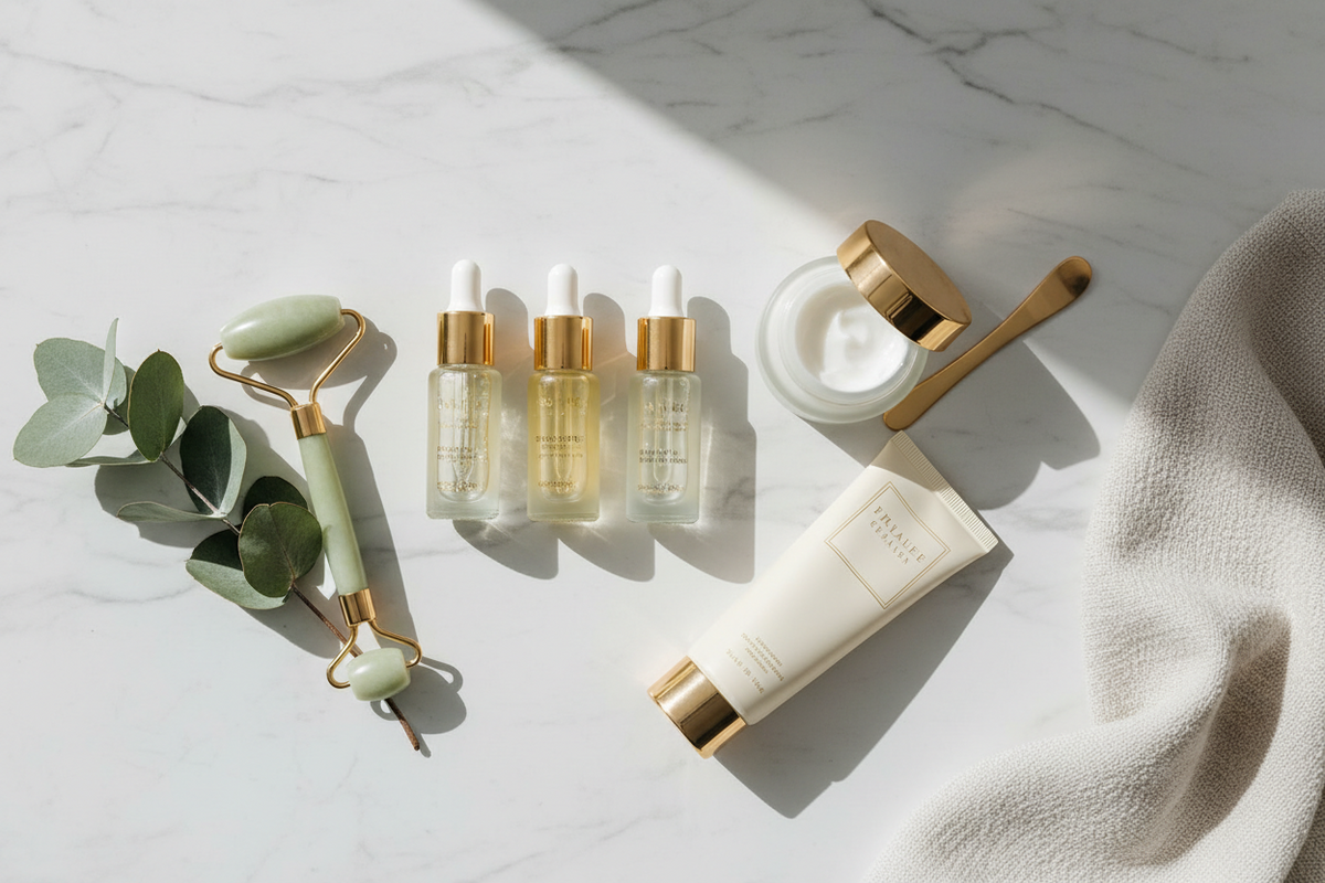 Skincare bottles and jars arranged on fabric