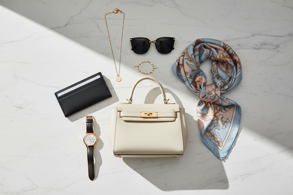 Bag, sunglasses, jewellery and scarf arranged together