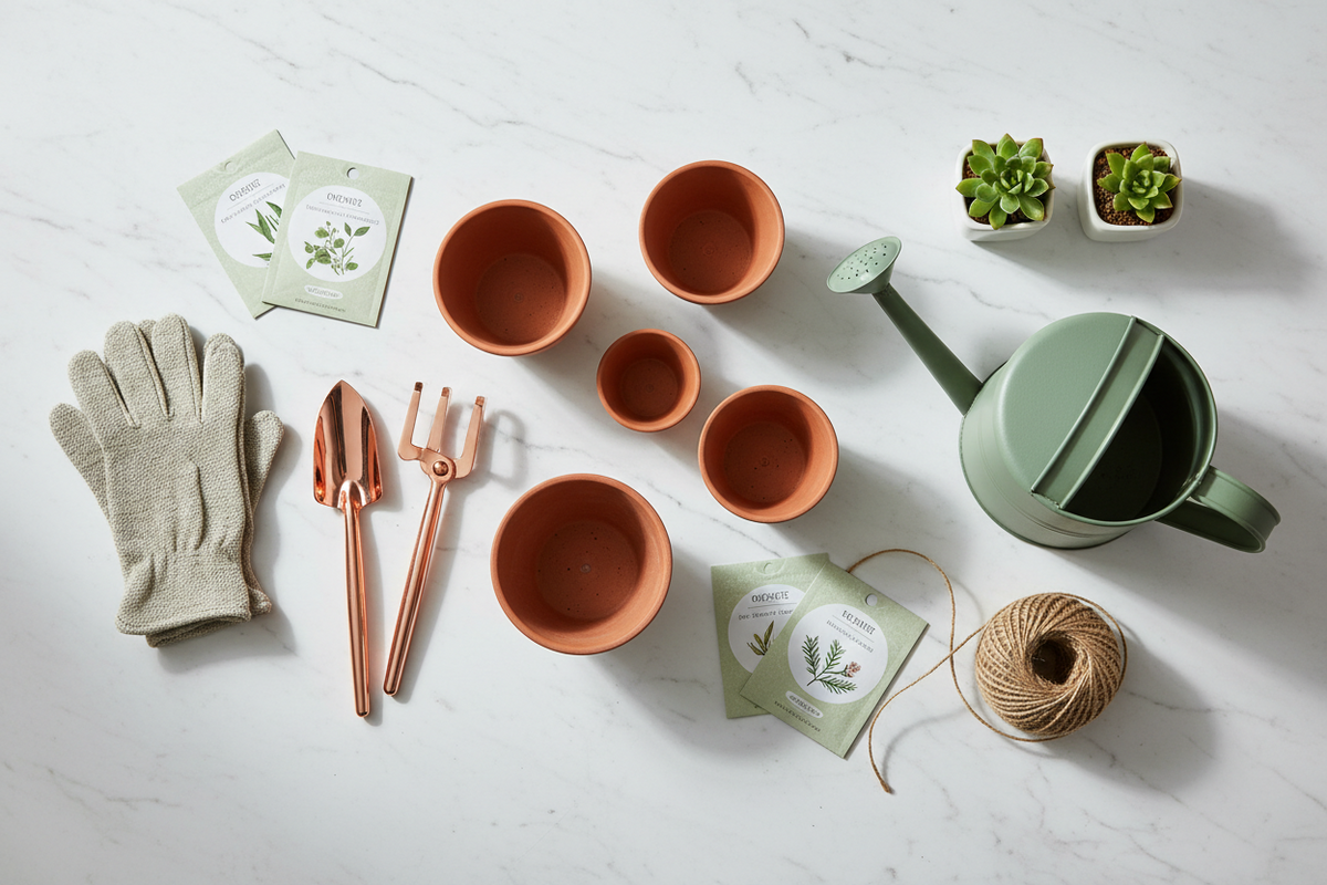 Gardening gloves, hand tools and small plant pots