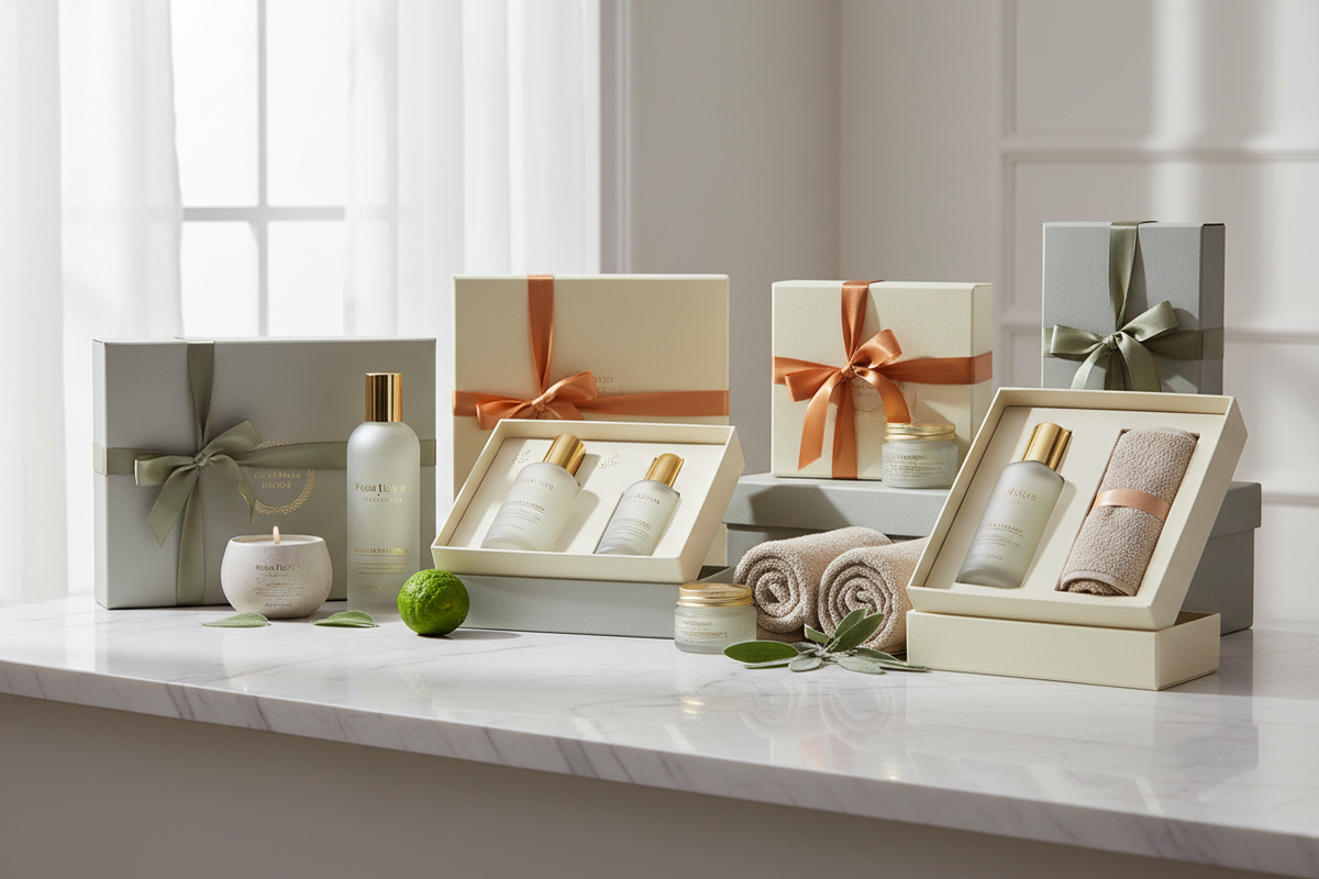 Open gift boxes with bath and body products