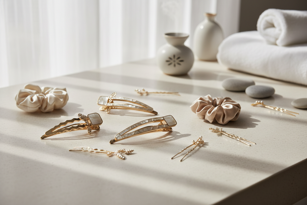 Hair clips, bands and accessories arranged on a light surface