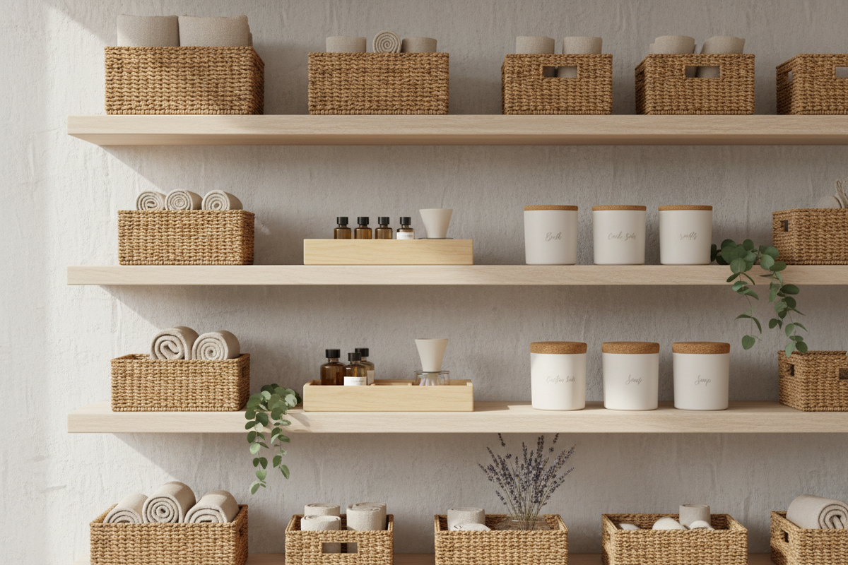Baskets, jars and storage accessories on shelving