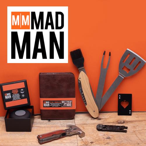 Mad Man gift accessories on an orange background