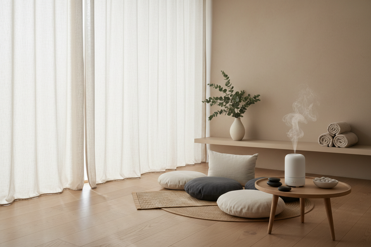 Home interior with plants, a cushion and side table