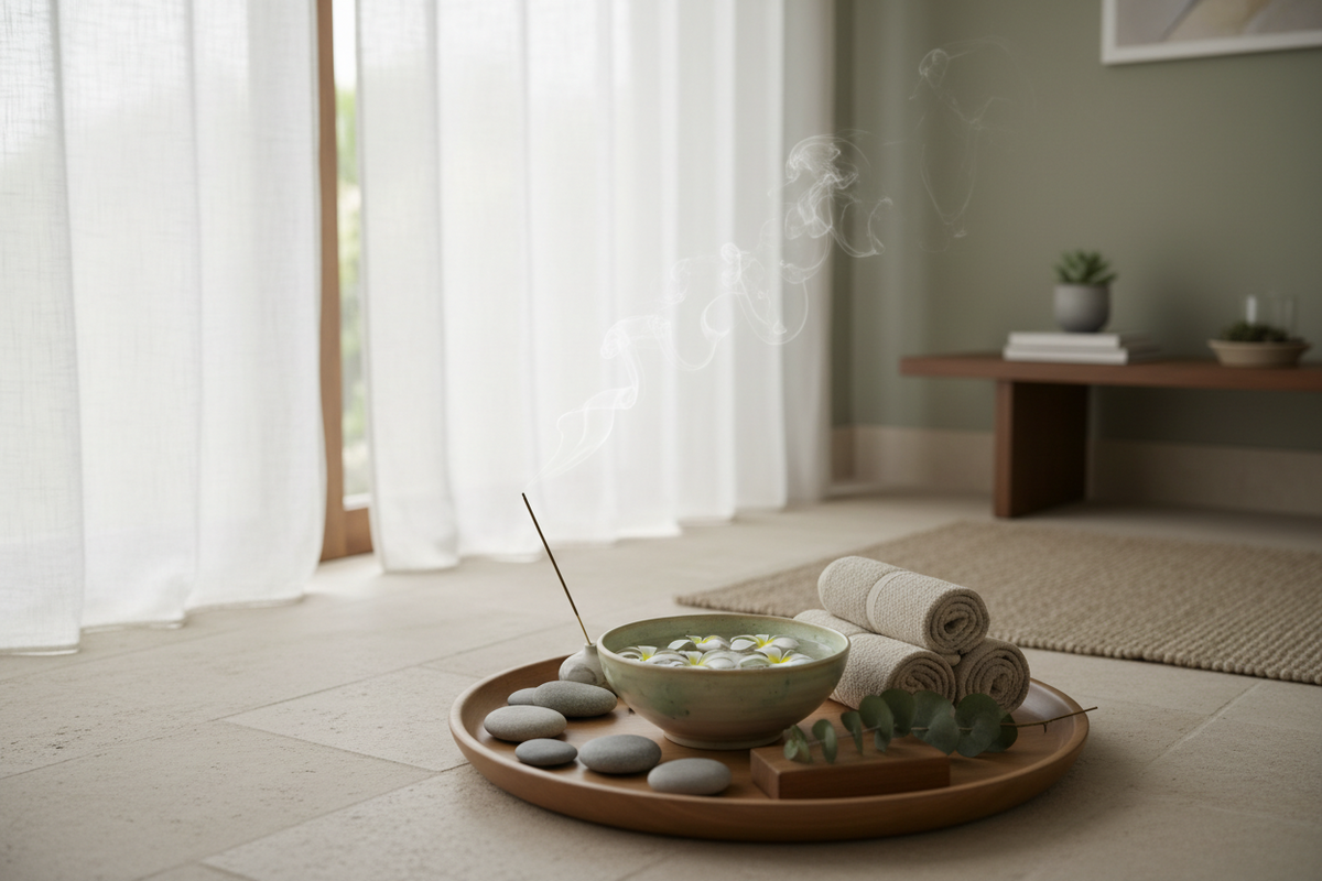 Home interior with plants, cushions and tableware