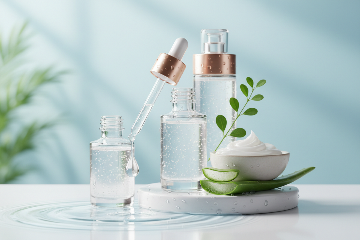 Skincare jars and bottles on a pale green background