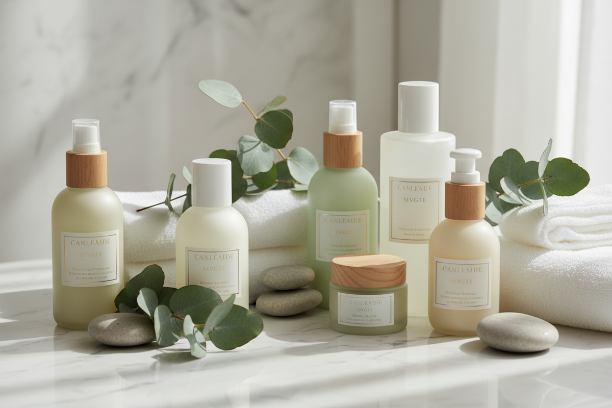 Skincare bottles and jars with green leaves