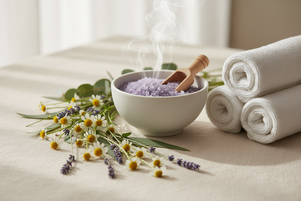 Bath accessories, towels and flowers