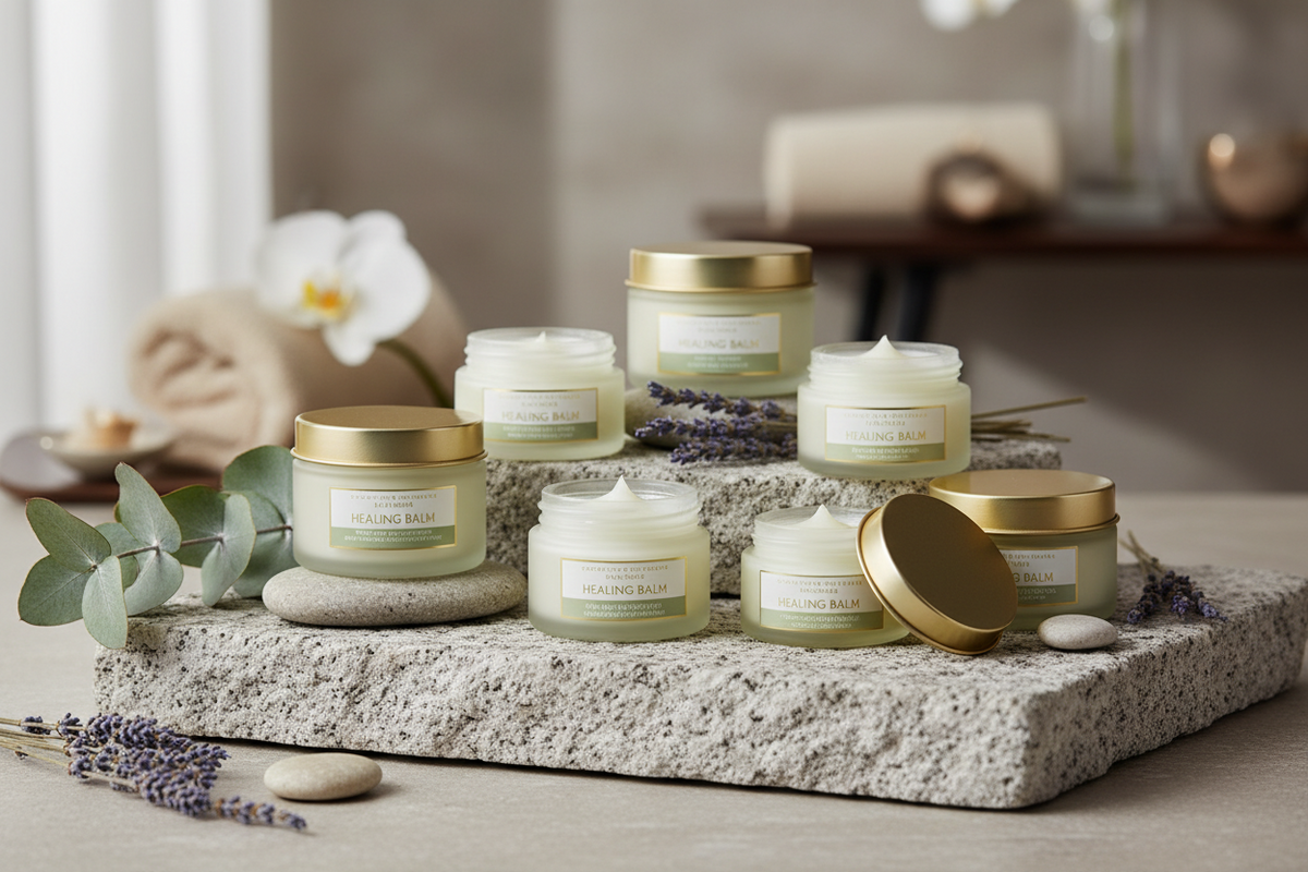 Balm jars and tins on a textured surface