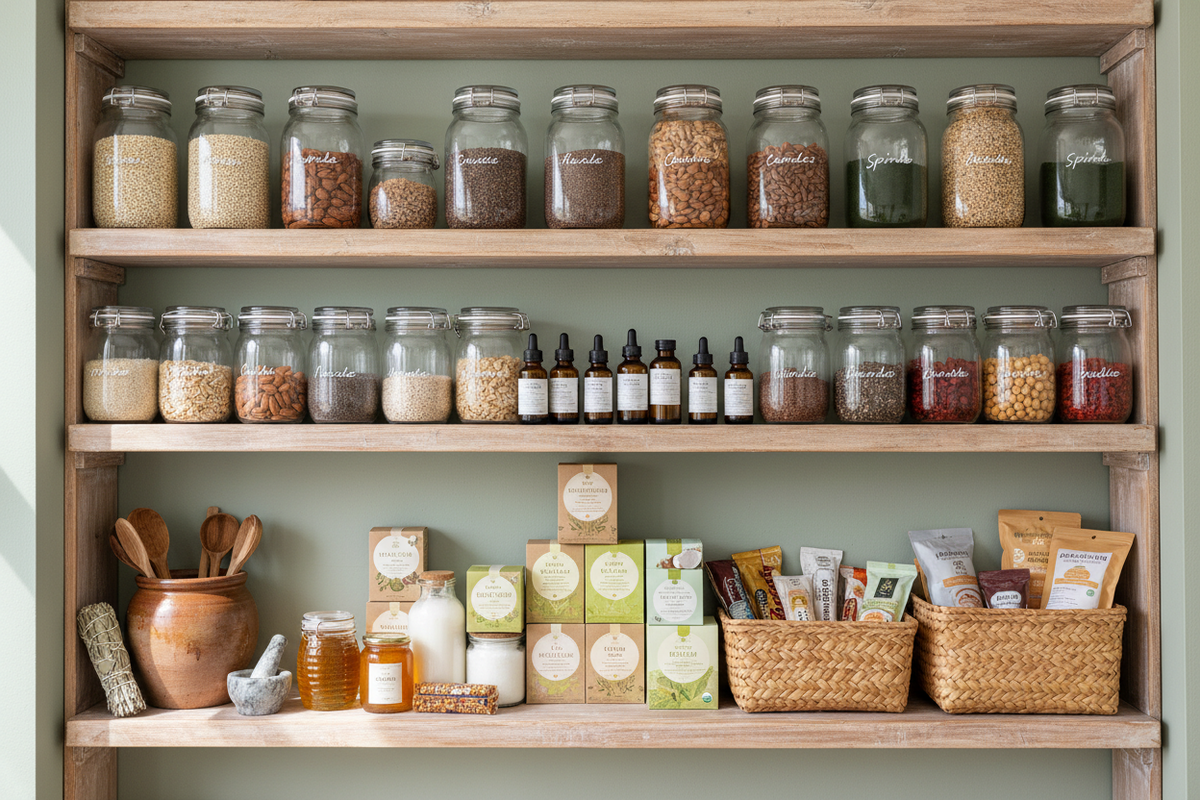 Pantry shelving with jars, baskets and packaged food