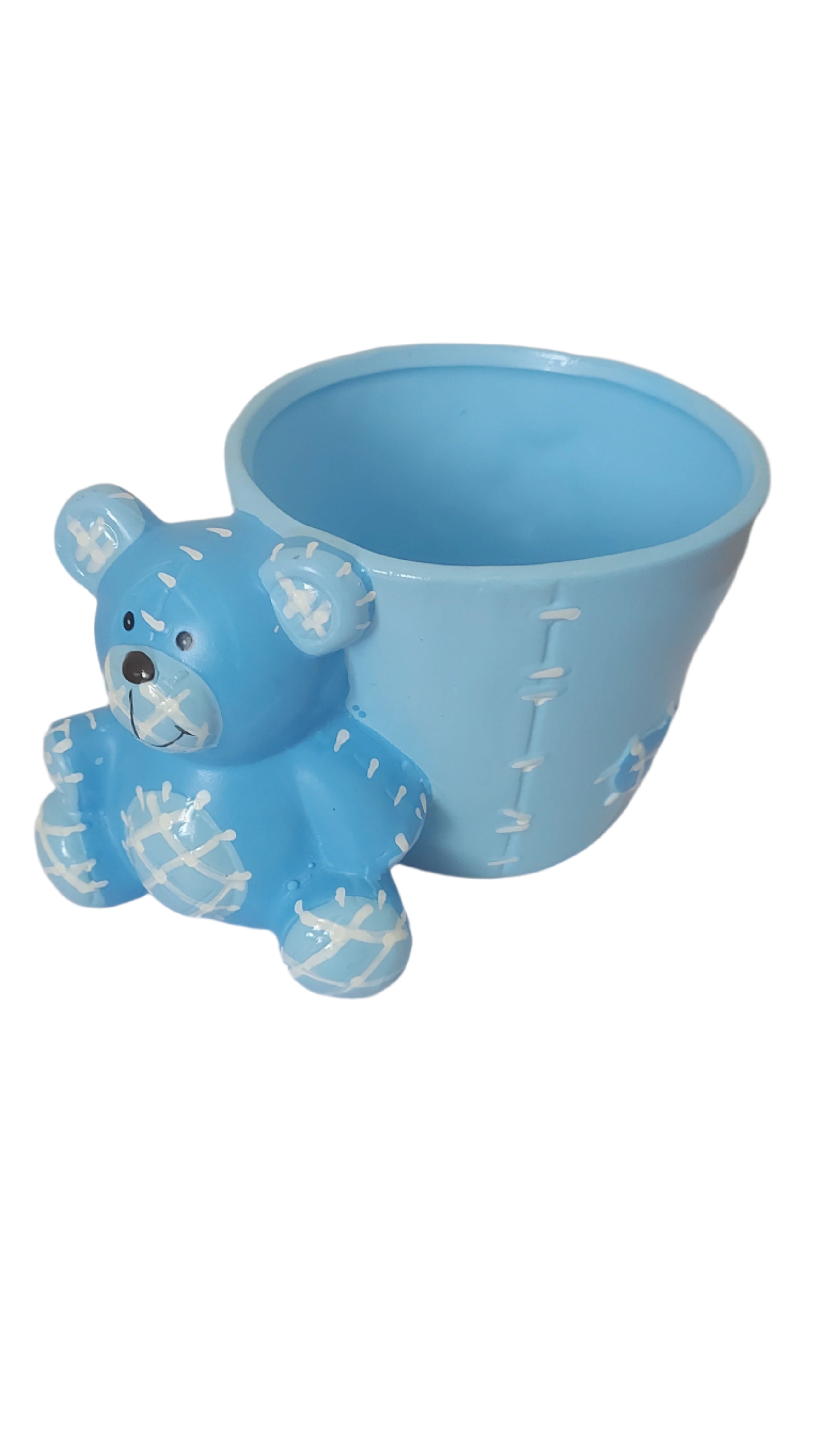 Blue ceramic garden planter with bear