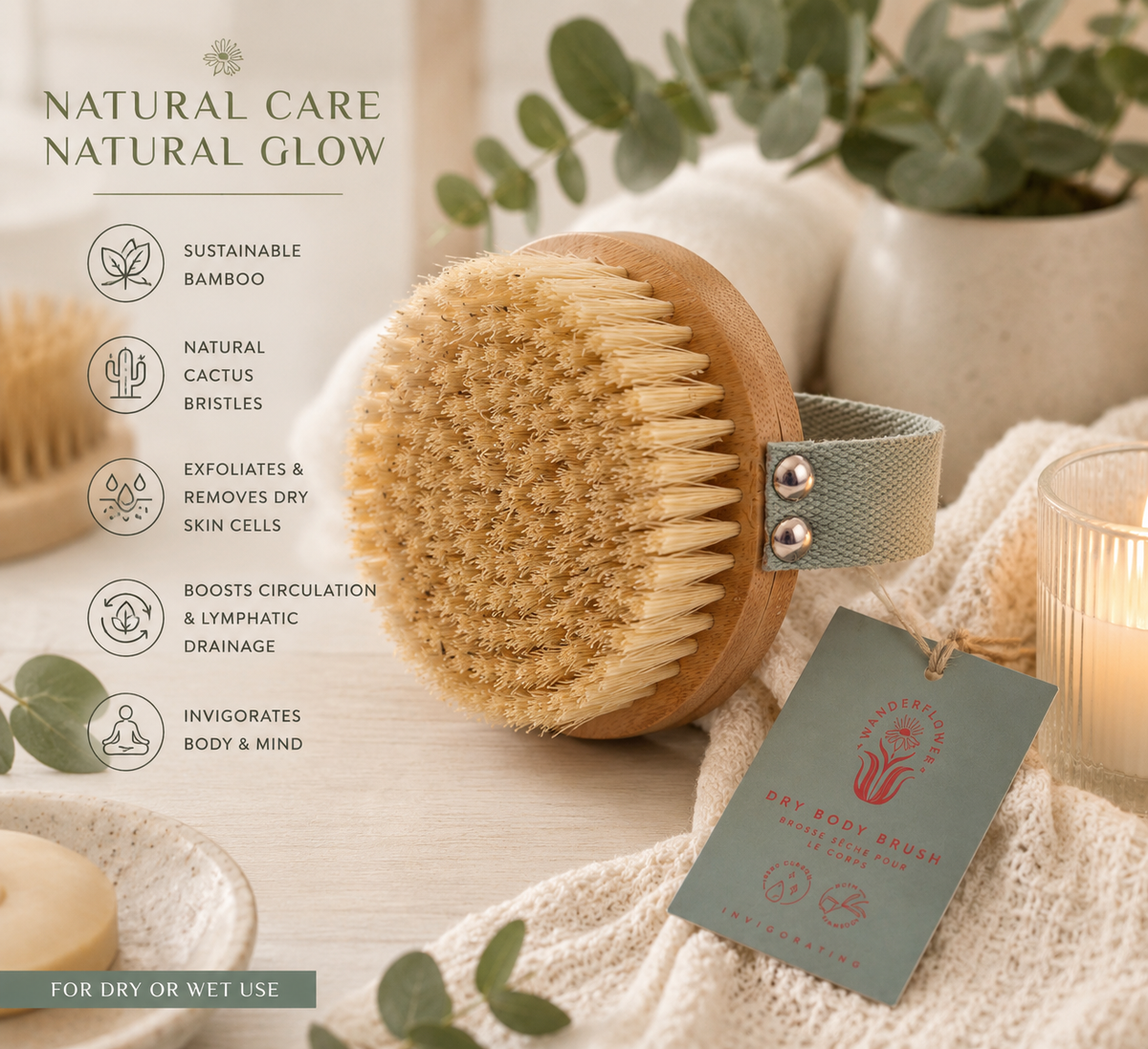Wanderflower Bamboo Dry Body Brush Cactus Bristles Spa Exfoliating Bru –  baaklon