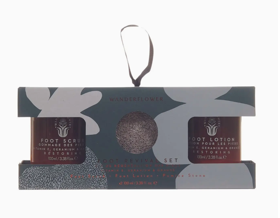 Foot care product set with packaging on a white background