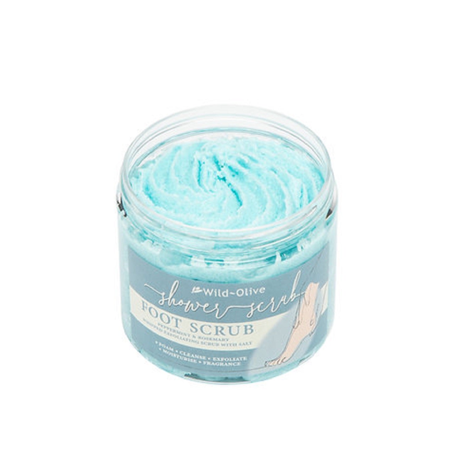 A clear jar containing blue exfoliating shower foot scrub with labels that read 'Shower Foot Scrub'.