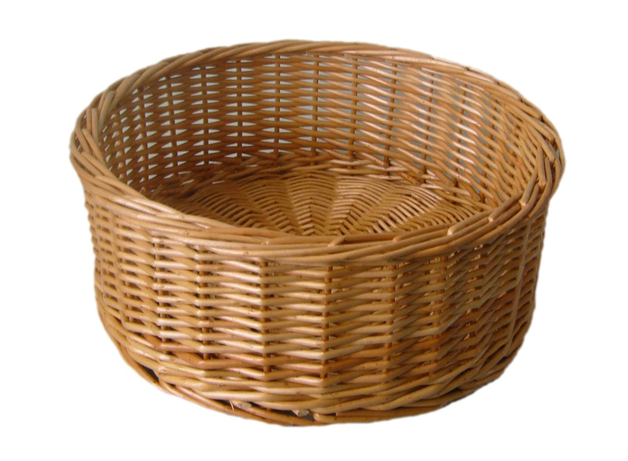 A large round willow basket with a natural beige color, made from woven willow material.