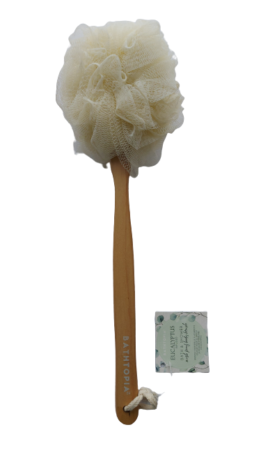 A long handled body brush with a exfoliating mesh sponge attached to the end.