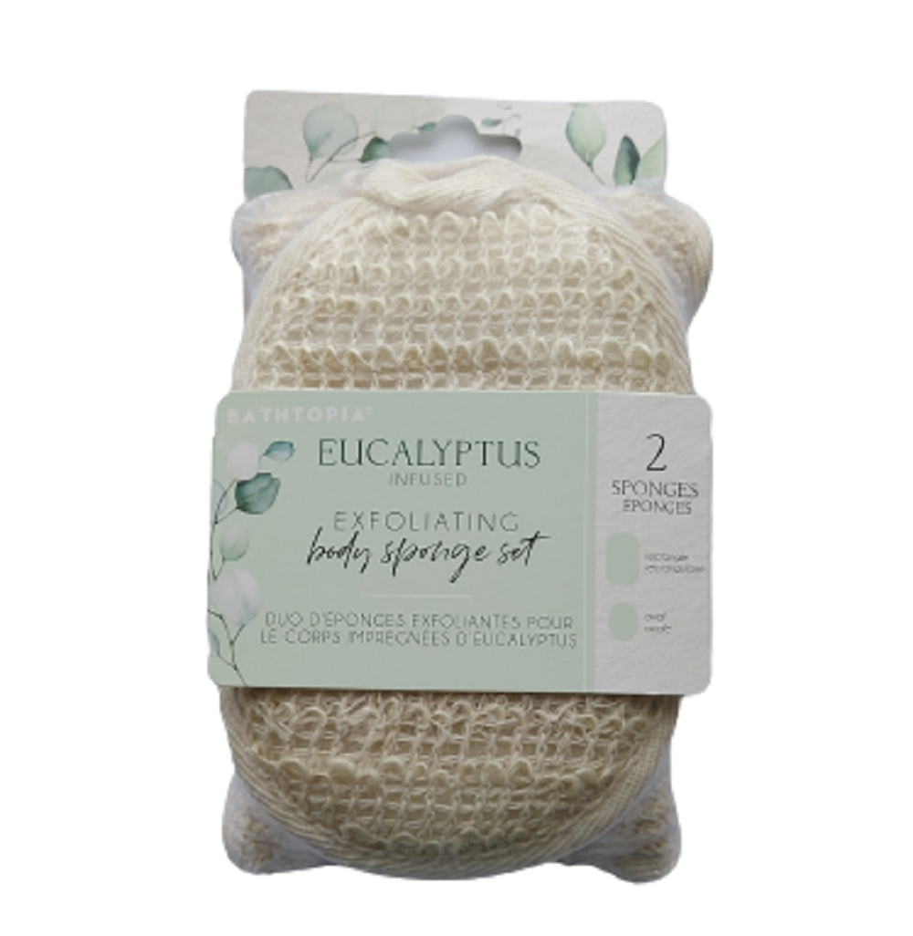 Packaging of Bathtopia's Eucalyptus Infused Body Sponges showing two natural beige sponges with exfoliating properties with branding and product information displayed.
