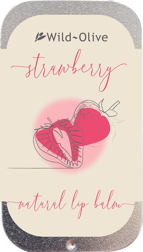 The image features a strawberry-flavored natural lip balm, with a large strawberry above the text 'Strawberry' and a smaller strawberry depicted in a heart shape with a pink outline.