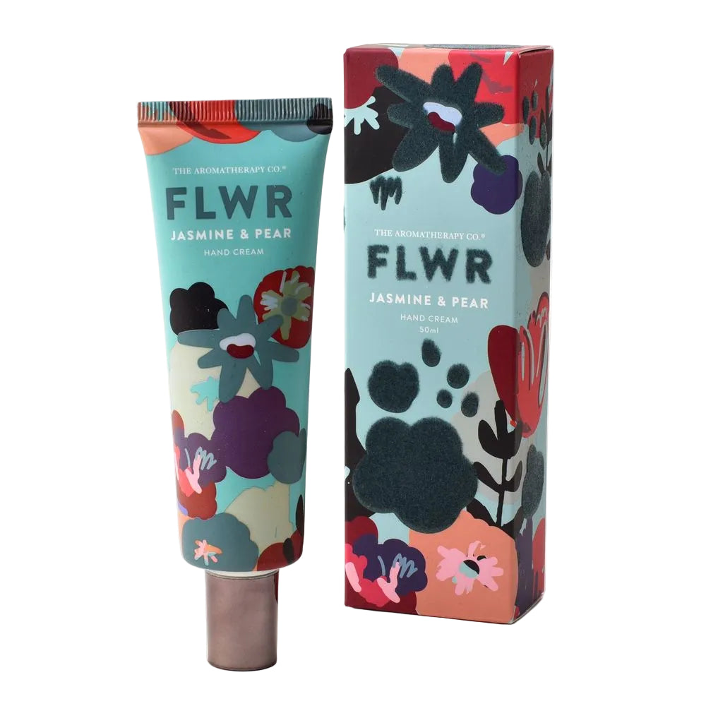 The Aromatherapy Co. FLWR Jasmine & Pear Hand Cream packaging and tube, with floral and pearl patterns.