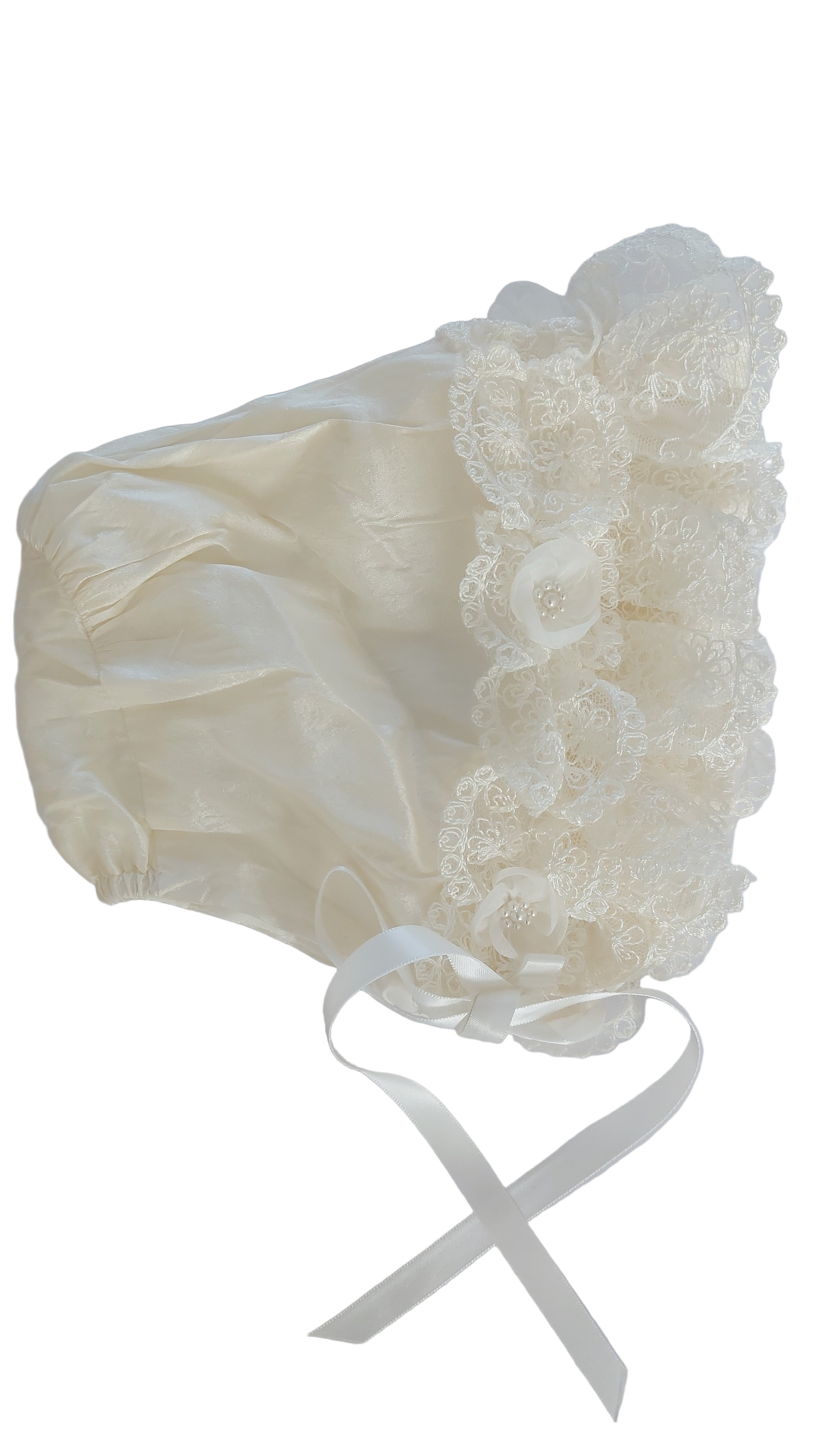 Sarah Louise Ivory Silk Long Christening Gown with Matching Bonnet – 12 Months