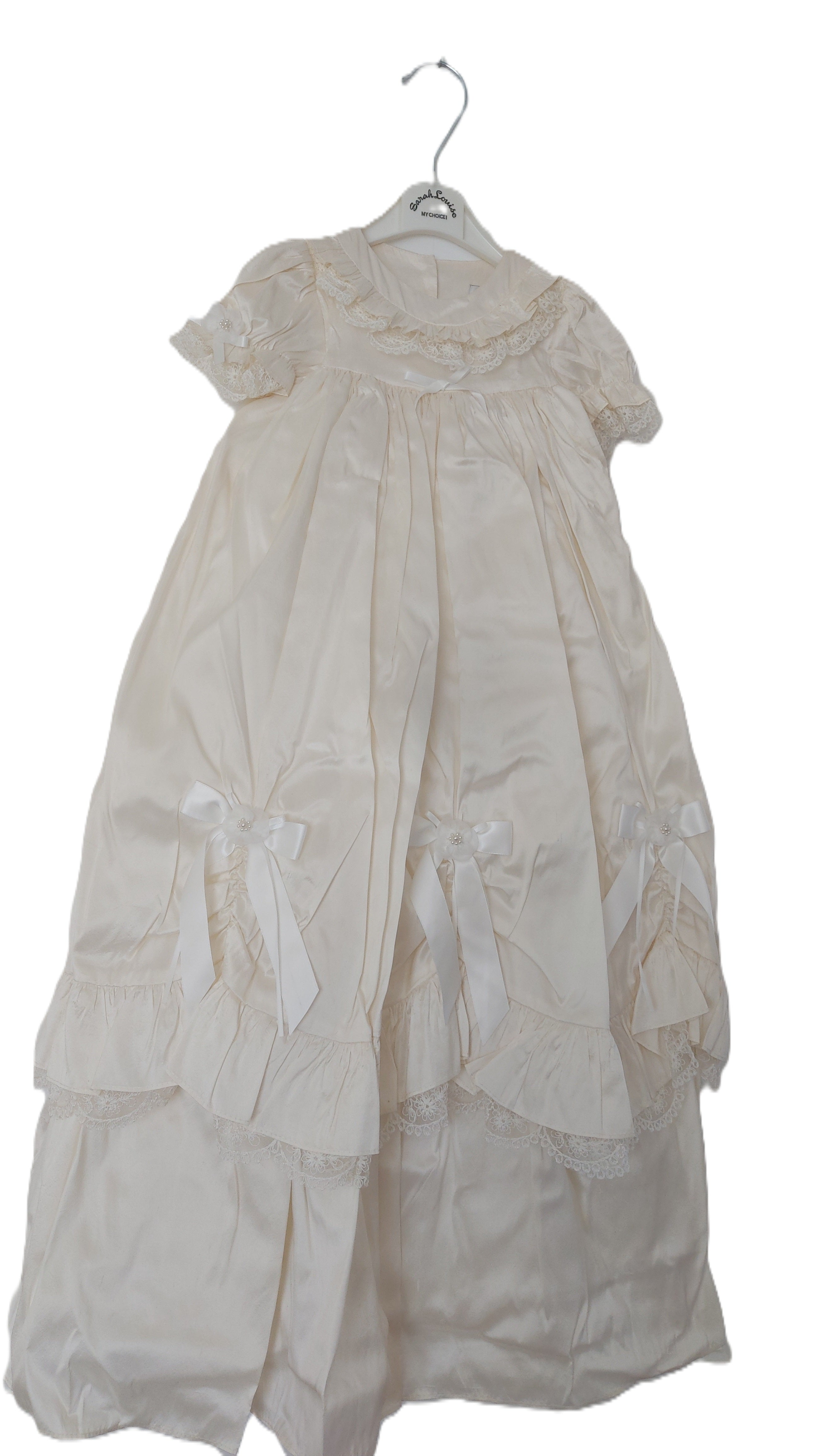 Sarah Louise Ivory Silk Long Christening Gown with Matching Bonnet – 12 Months