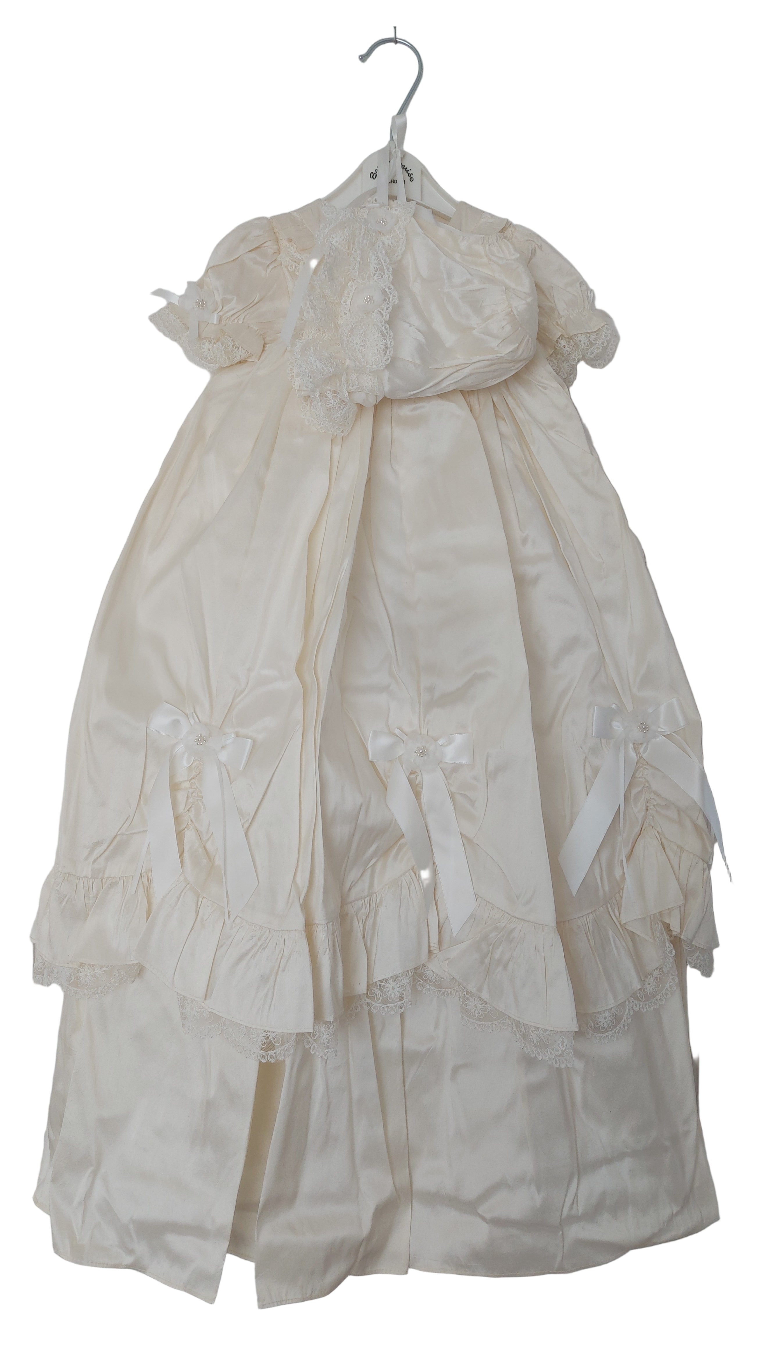 Sarah Louise Ivory Silk Long Christening Gown with Matching Bonnet – 12 Months