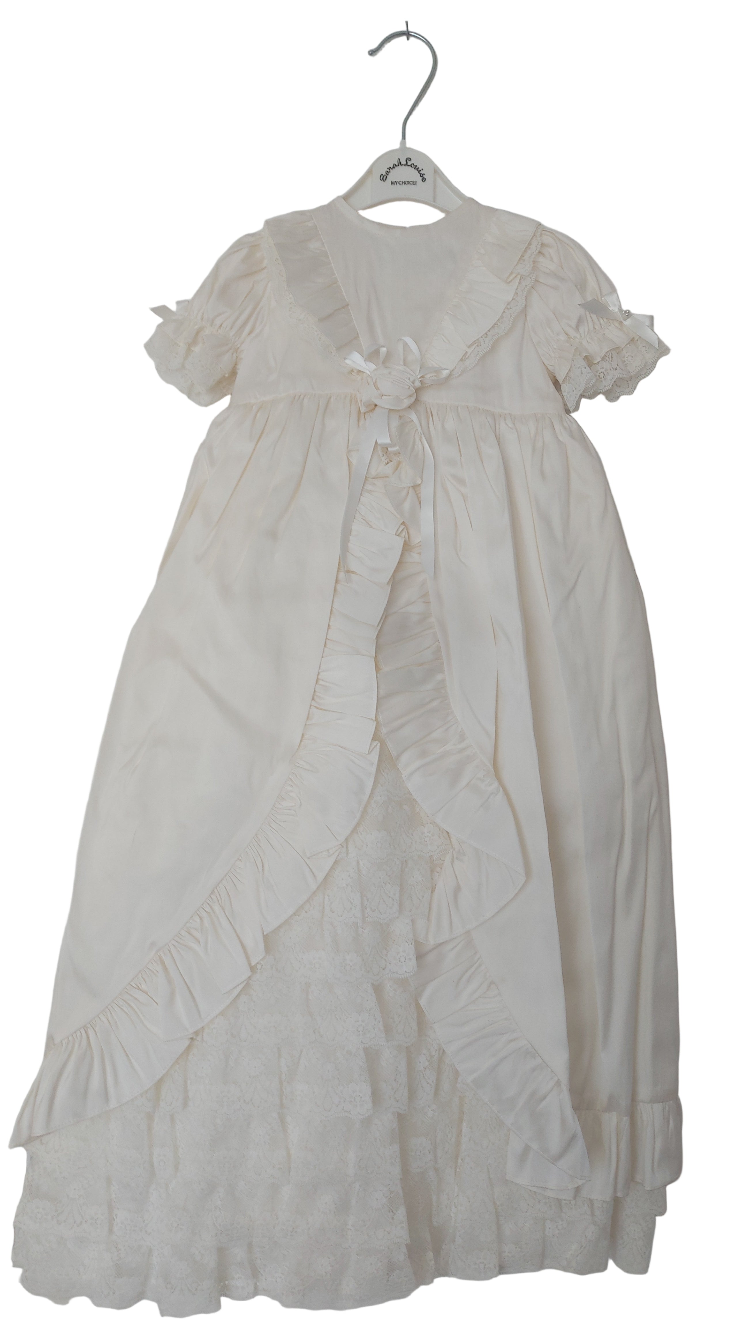 Sarah Louise Ivory Silk Long Christening Gown with Matching Bonnet – 6 Months