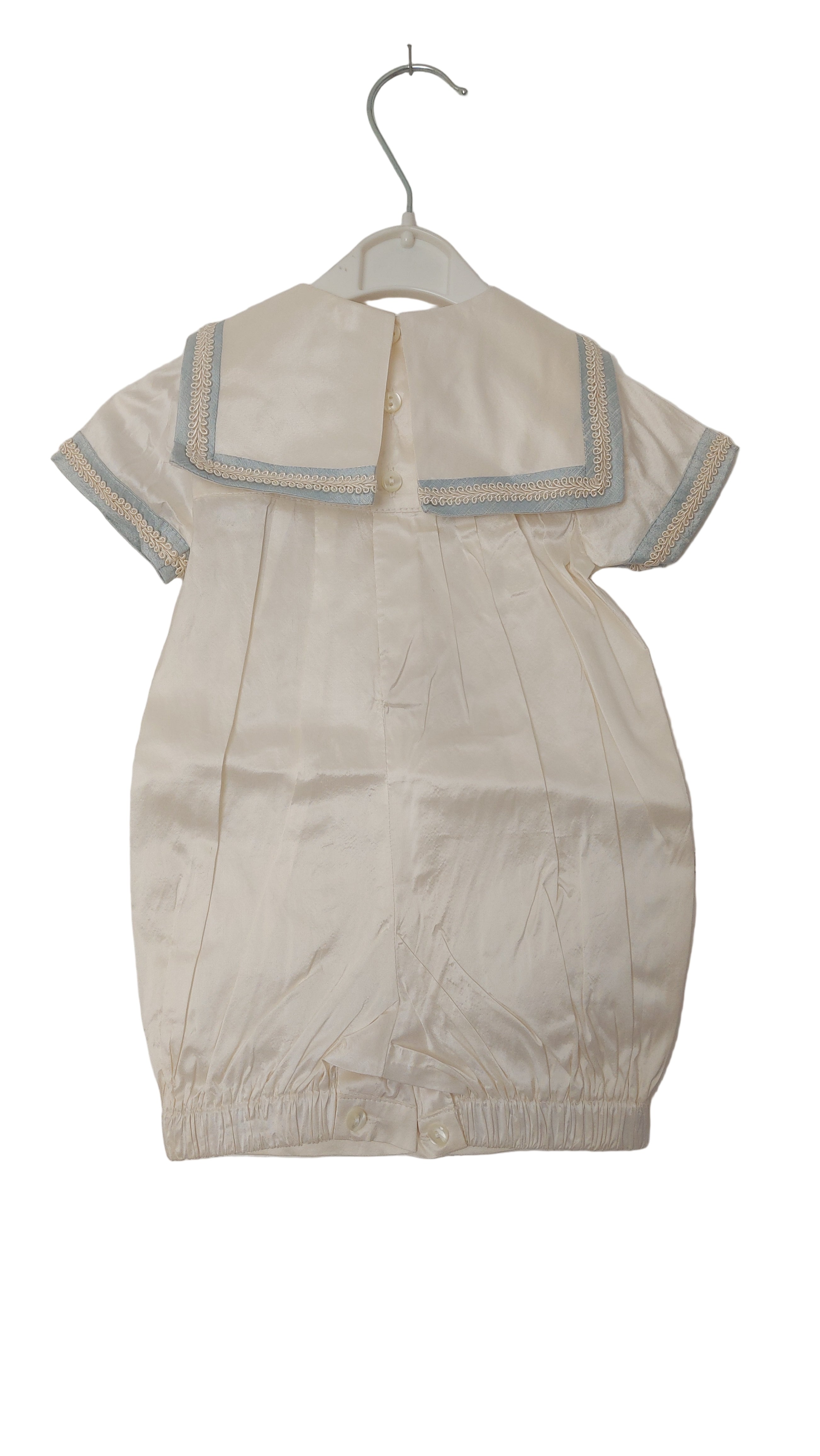 Sarah Louise Boys Ivory & Blue Nautical Romper Suit with Matching Hat - Silk
