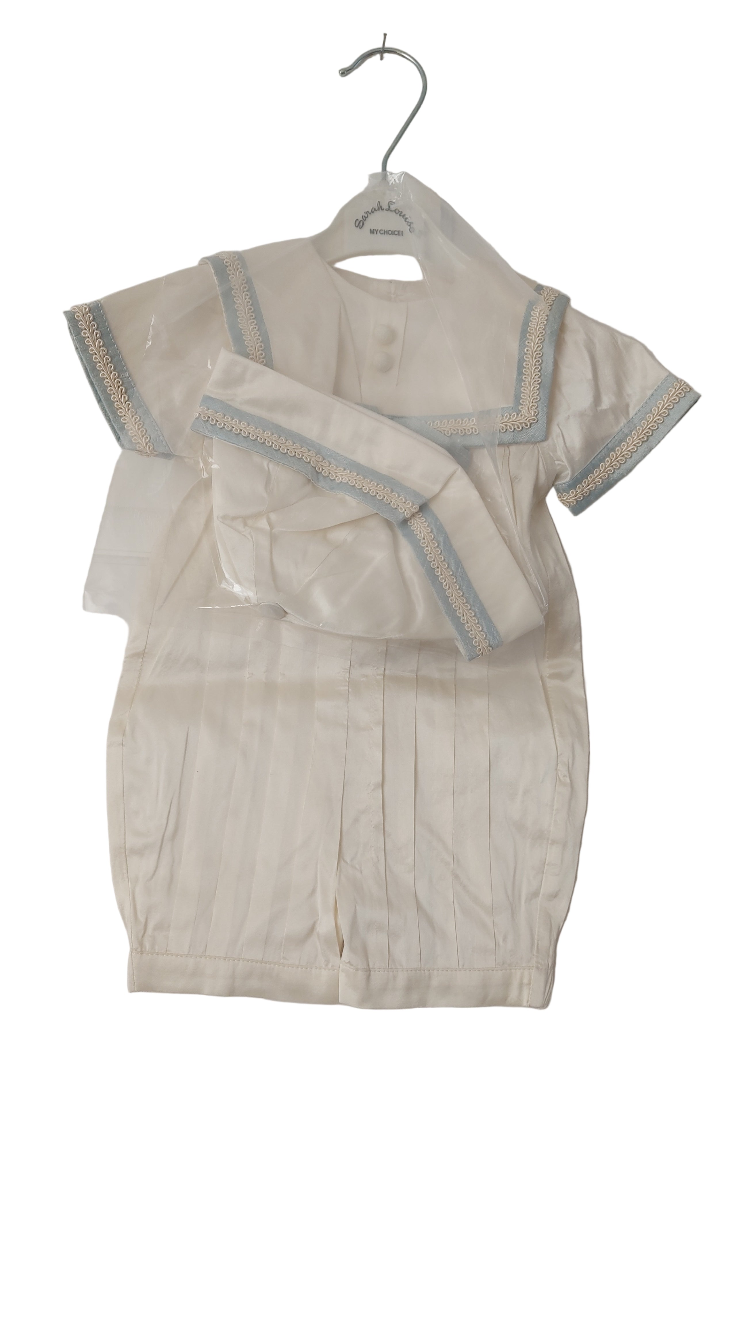 Sarah Louise Boys Ivory & Blue Nautical Romper Suit with Matching Hat - Silk