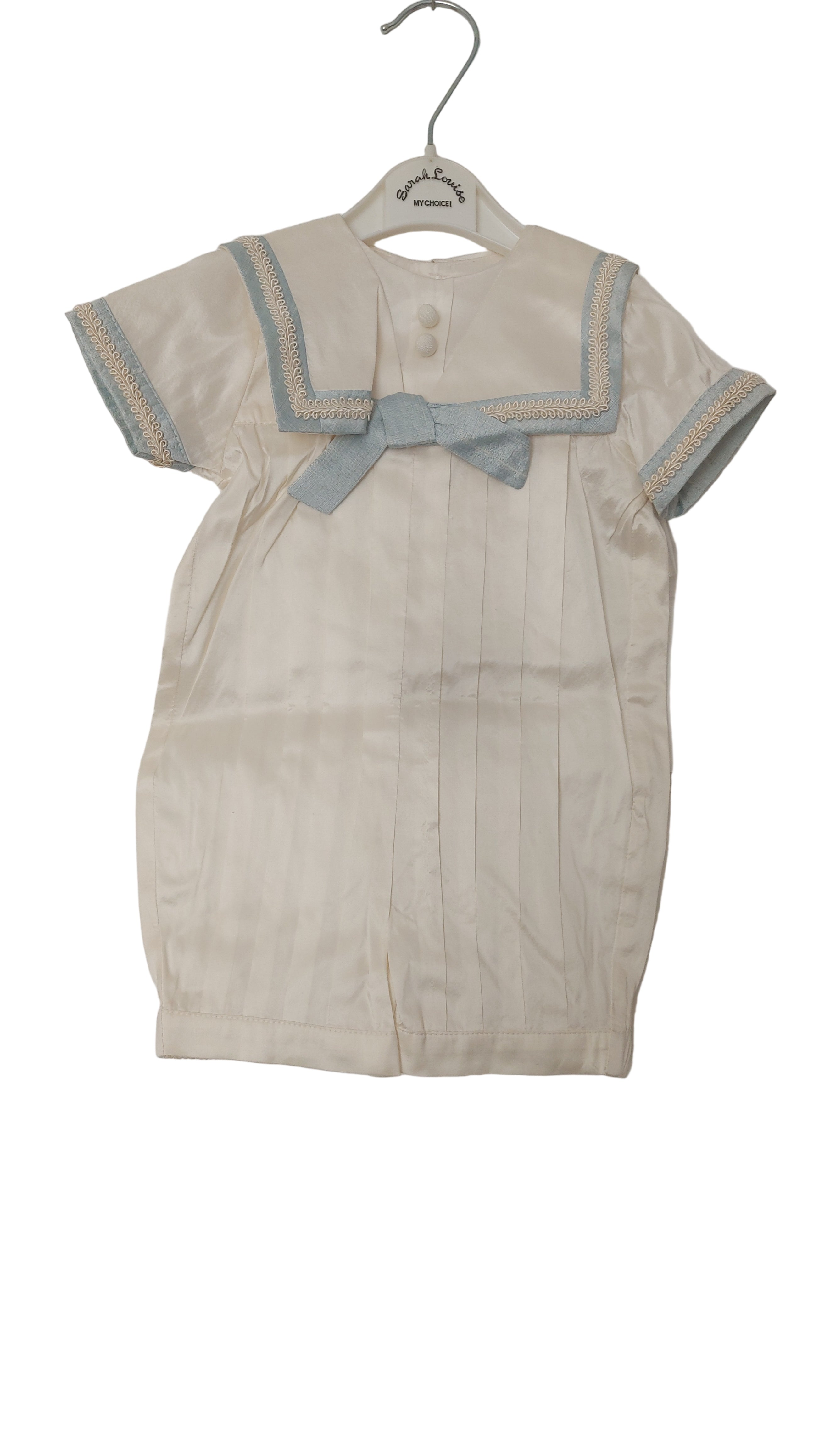 Sarah Louise Boys Ivory & Blue Nautical Romper Suit with Matching Hat - Silk