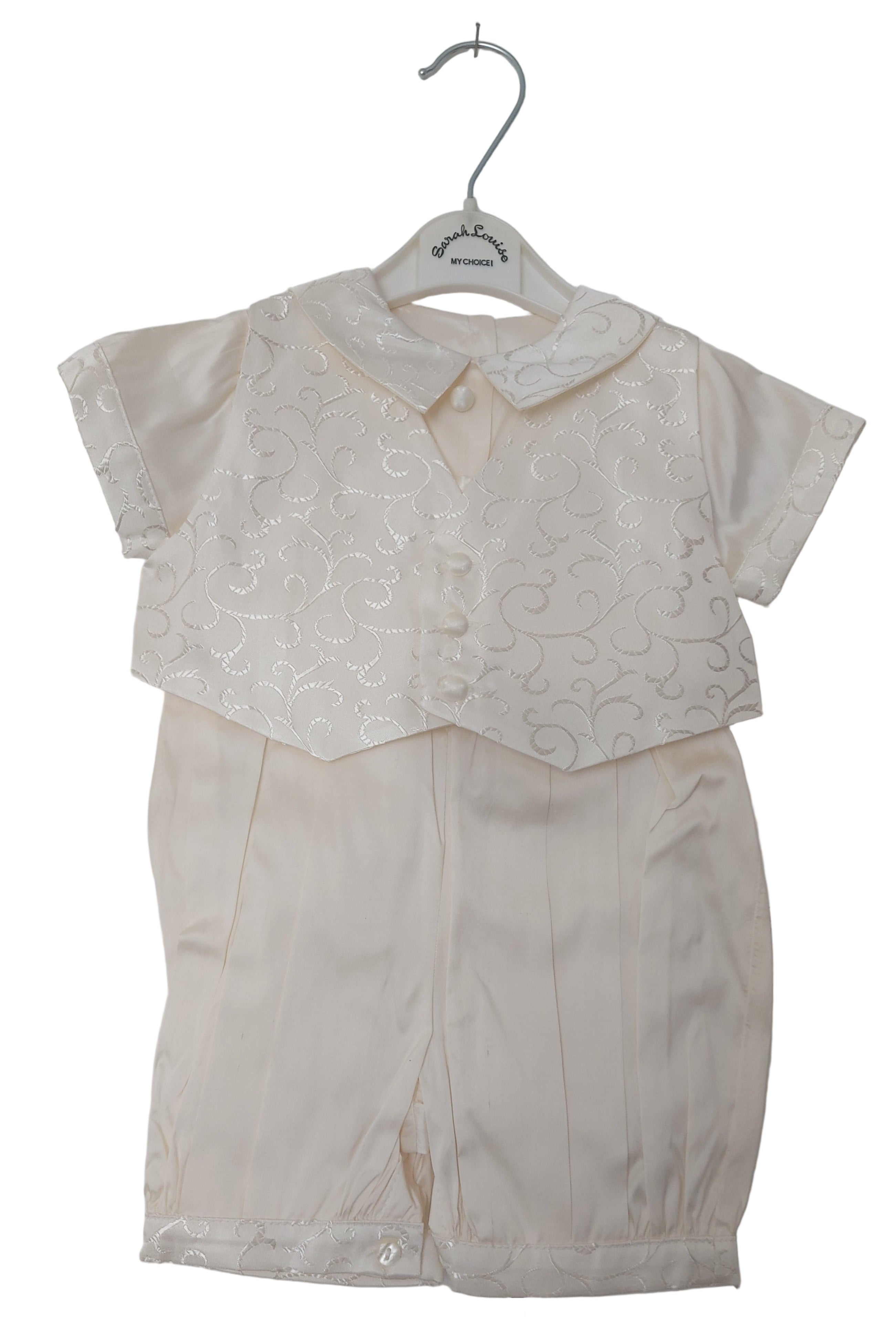 Sarah Louise Boys Ivory 3 Piece Romper Suit with Waistcoat & Hat - Silk