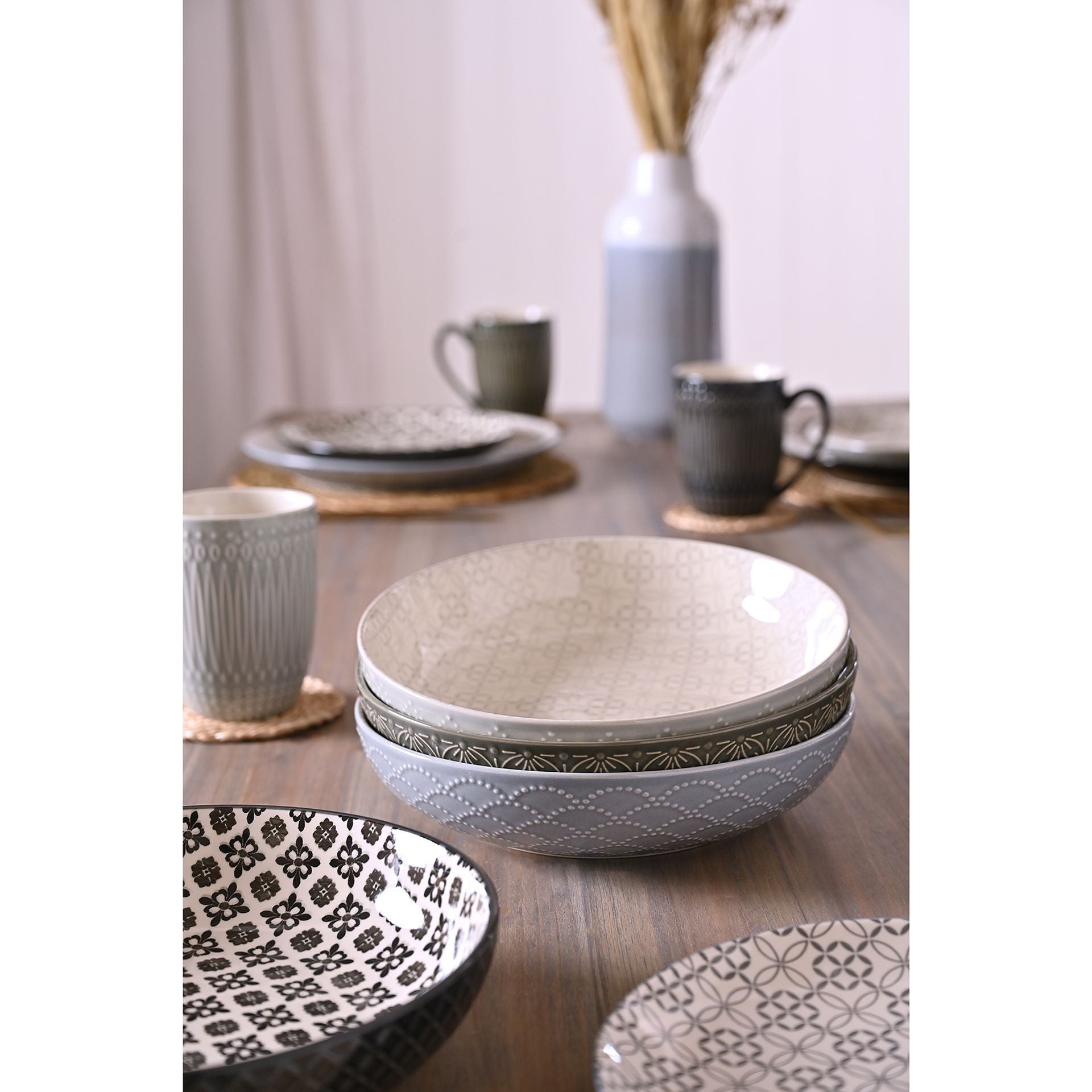 Set of 4 Tile Pattern Pasta Bowls - Ceramic