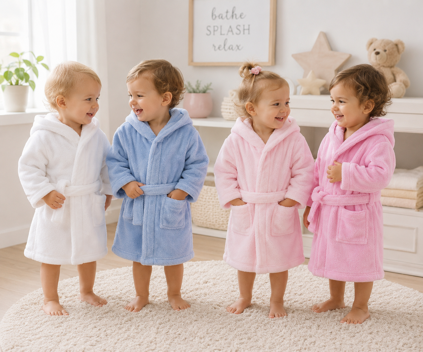 Kids Hooded Bathrobe Dressing Gown Soft Fleece Blue 18/23 months