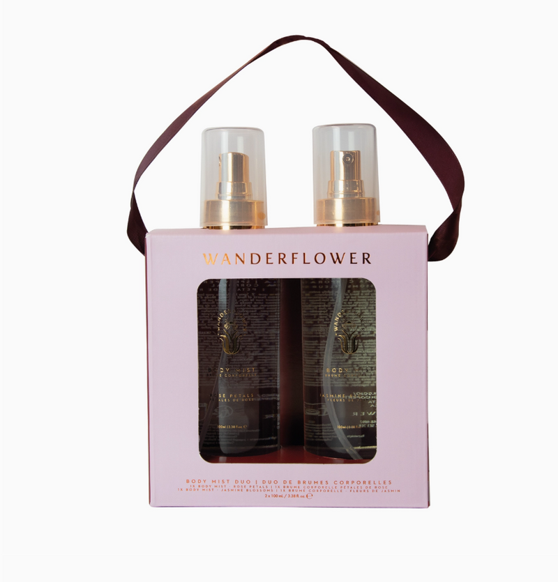 Wanderflower Jasmine Blossoms and Rose Petals body mists in a pink gift box with ribbon handle