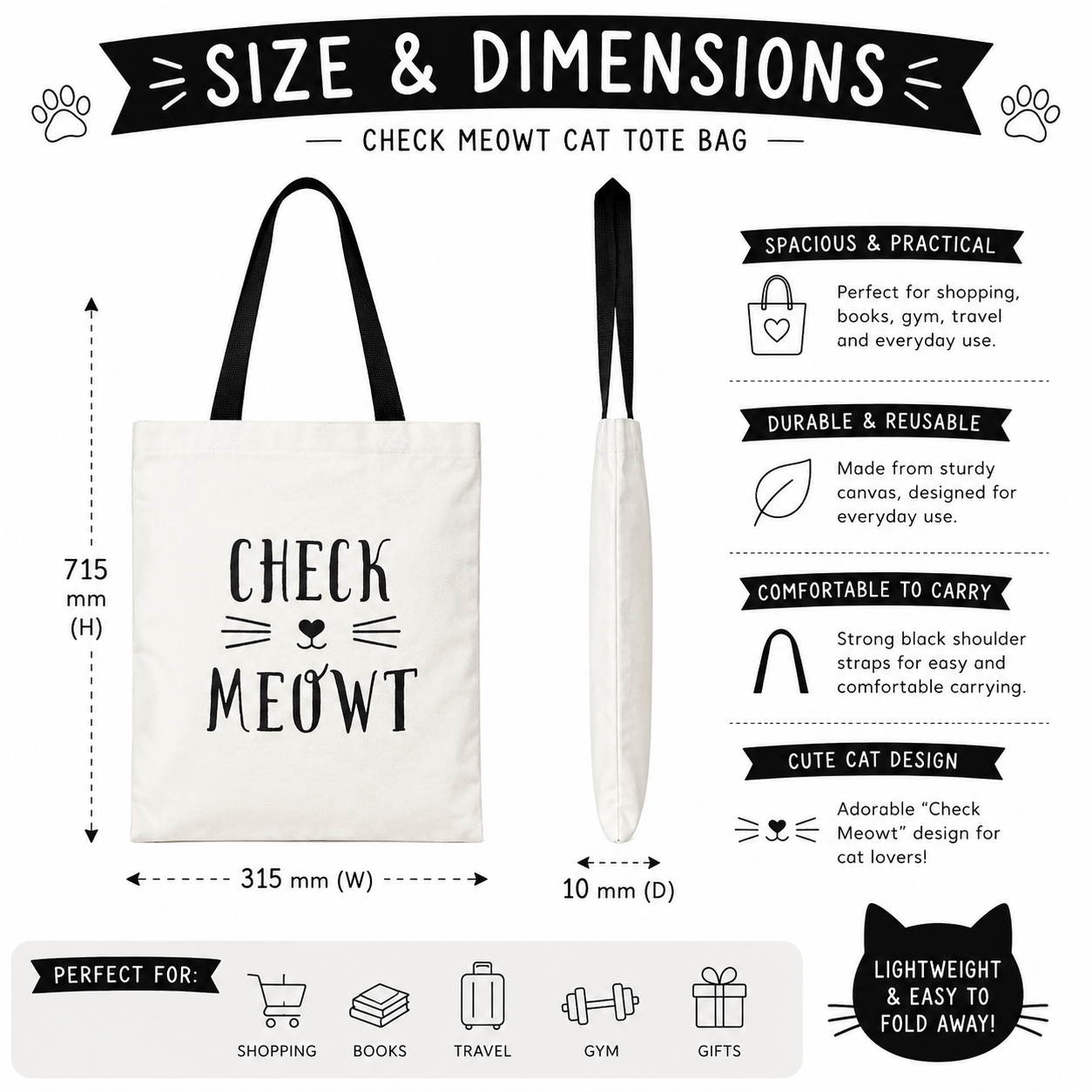 Check Meowt Cat Tote Bag Reusable Canvas Shopper Bag Black White Cute Cat