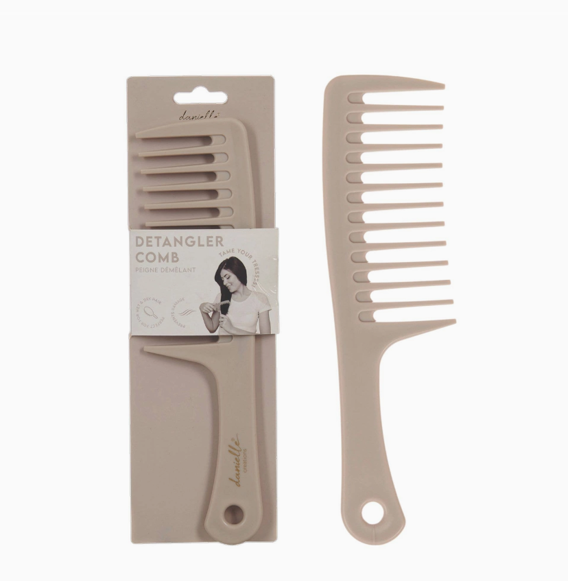 Wide-tooth grey detangling hair comb designed to gently remove knots and reduce hair breakage.