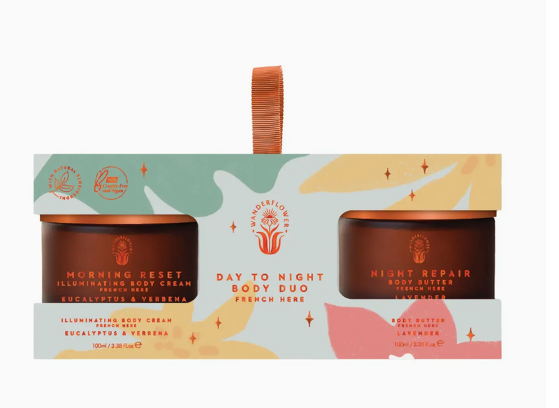 Wanderflower Day to Night body cream and body butter in a pastel gift sleeve
