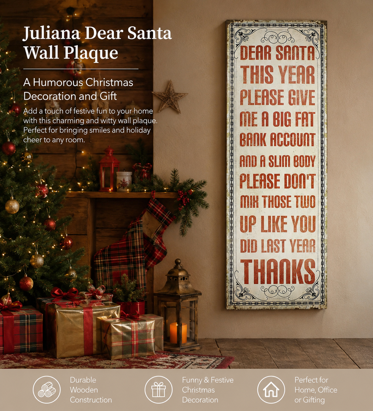 Juliana Dear Santa Christmas Wall Plaque – Large Wooden Festive Sign 119cm