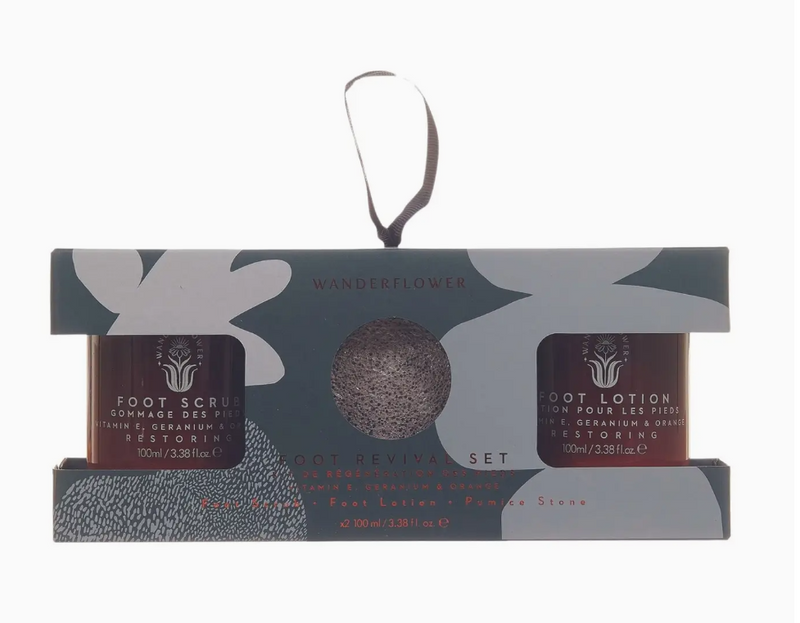 Wanderflower Foot Revival foot scrub, foot lotion and pumice stone in a gift sleeve