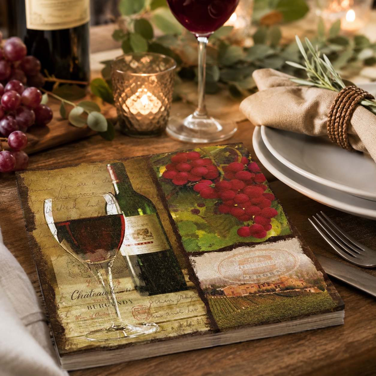Wine-themed napkins on a table with grapes, wine glass, and candles