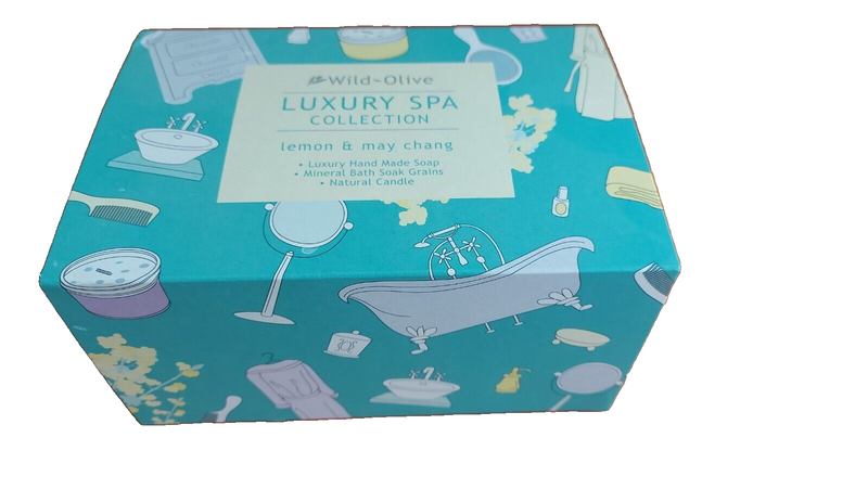 Wild Olive Lemon & May Chang Luxury Spa Collection in a turquoise illustrated gift box