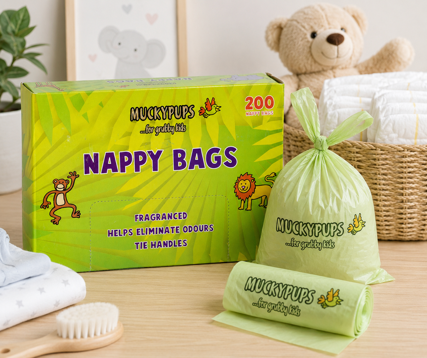 200 Disposable Fragranced Nappy Bags Tie Handle Baby Nappy Sacks