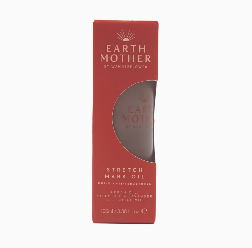 Red packaging of Earth Mother by Wanderflower stretch mark oil on a white background