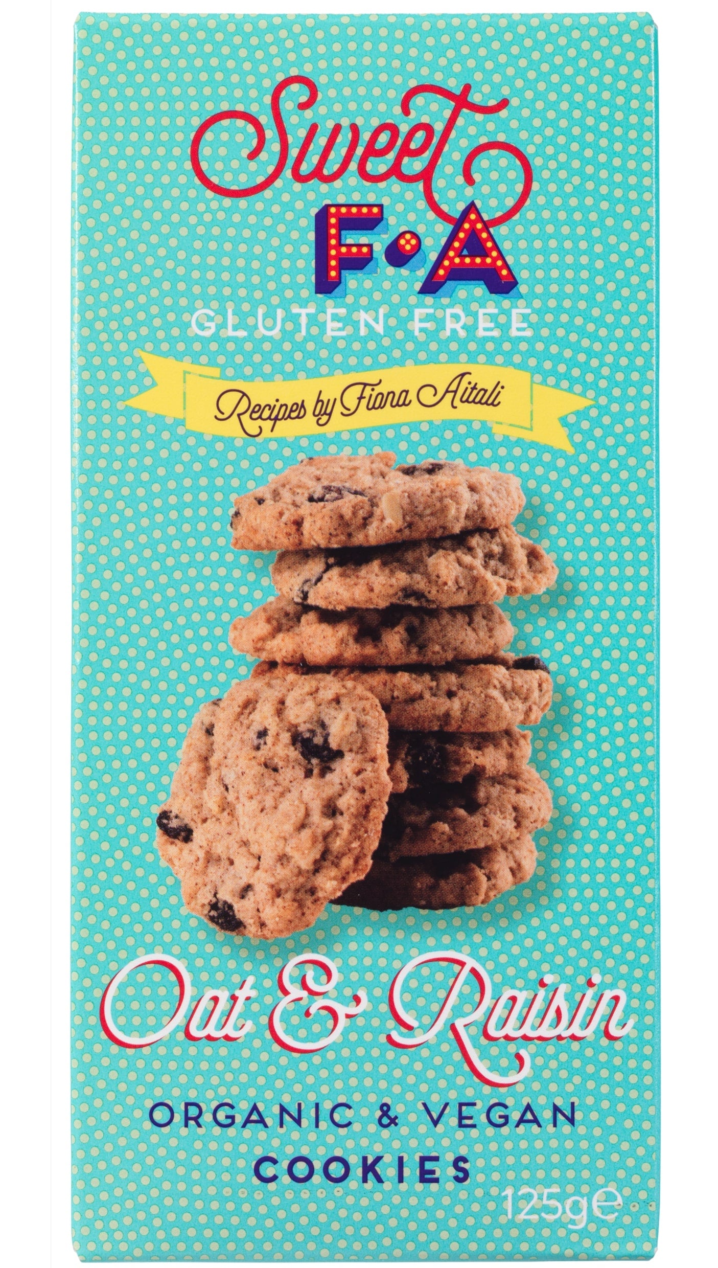 Box of Sweet F&A Oat & Raisin cookies with a stack of cookies on a blue background