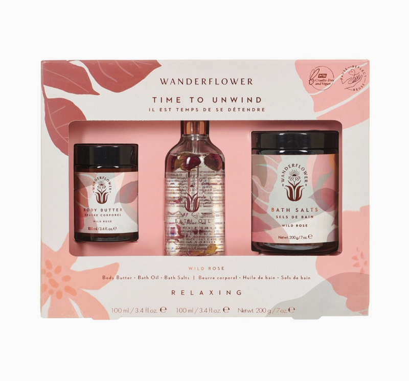 Wanderflower Time to Unwind Wild Rose bath salts, bath oil and body butter in a pink gift box